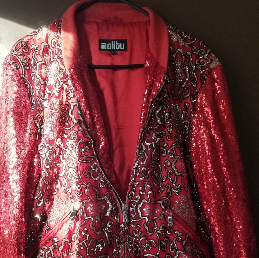 Red sequin embellished bomber jacket